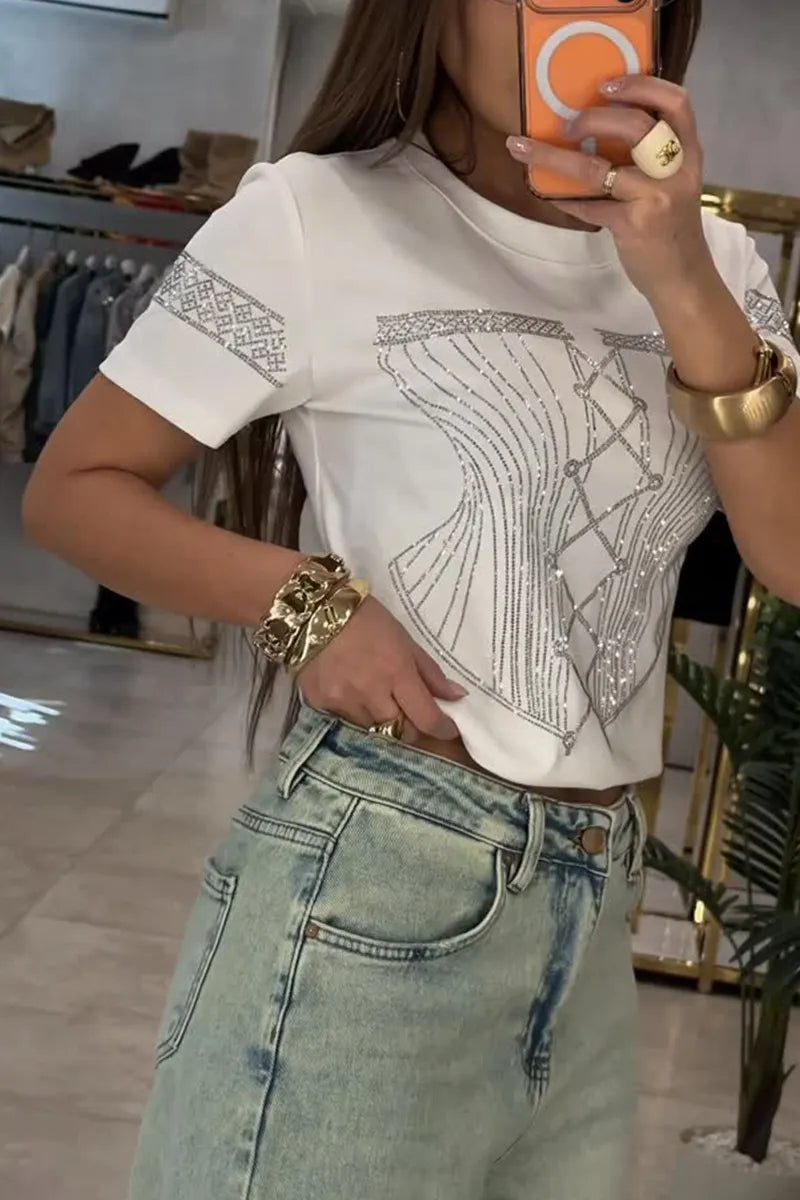 Women's Graphic Tee with Rhinestone Corset Design & Crew Neck
