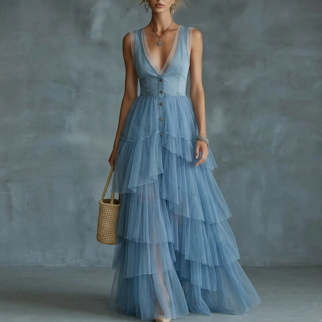 Stylish And Elegant Spliced mesh Denim Dress