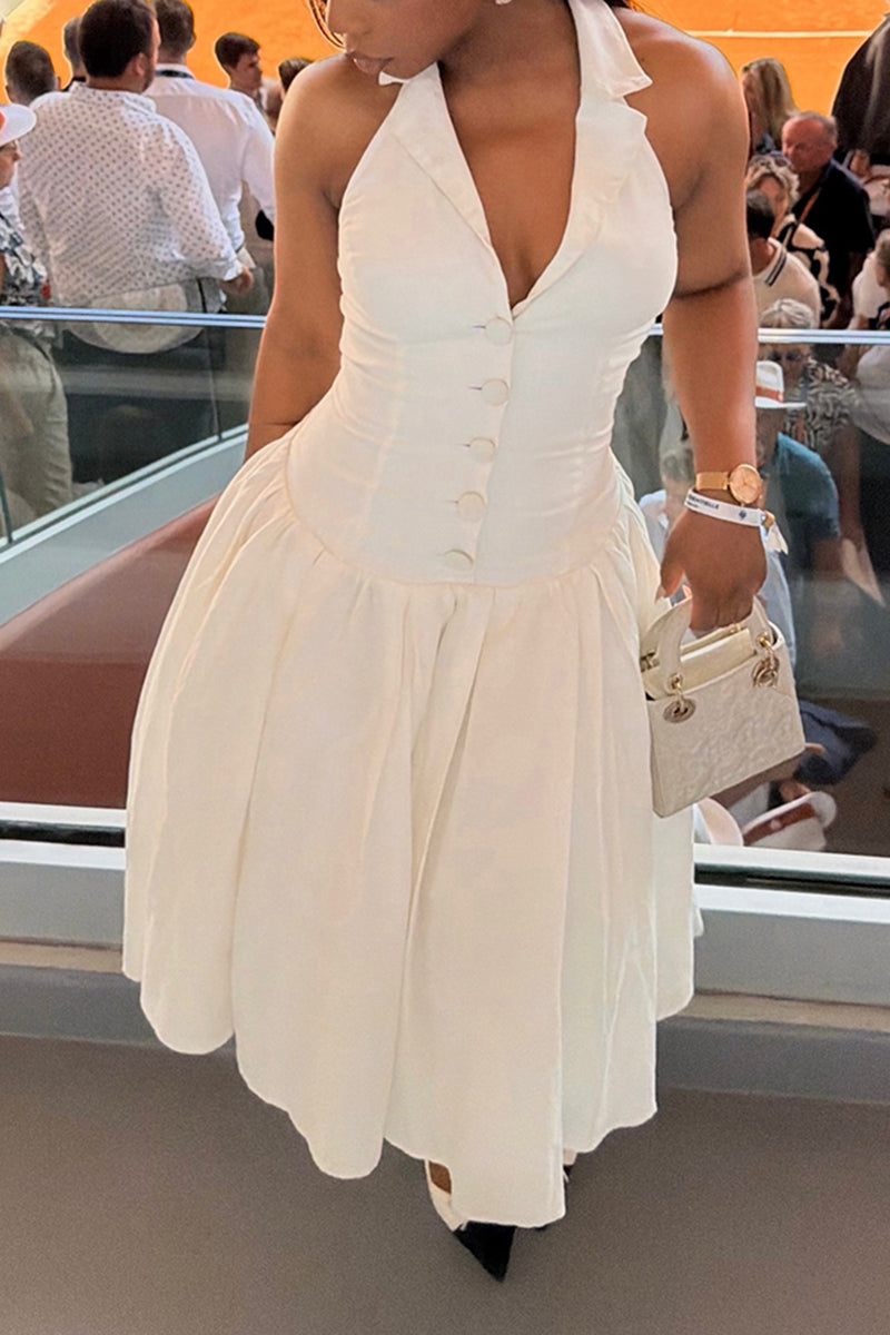 Women's Elegant Lapel Button A-Line Hem Midi Dress
