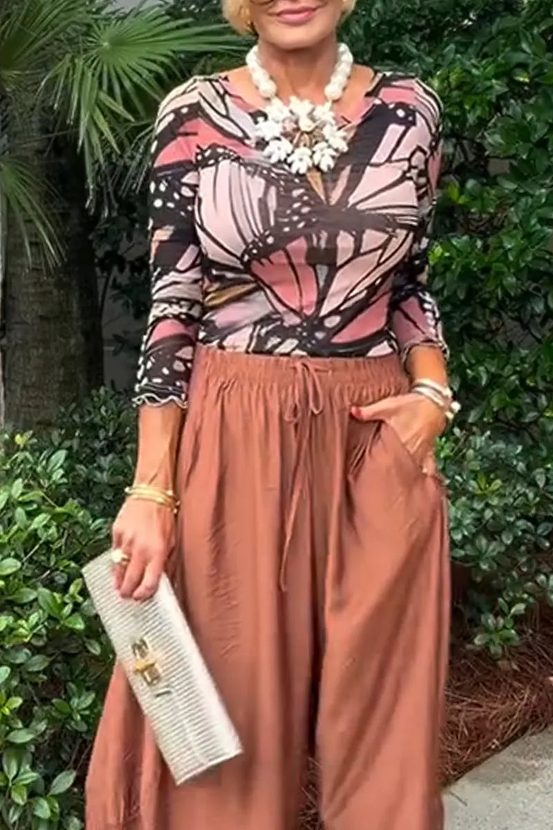 Women's Casual Round Neck Printed Top or Drawstring Wide Leg Pants