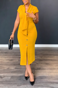 Women's V-neck Buckle Slit Elegant Temperament Dress