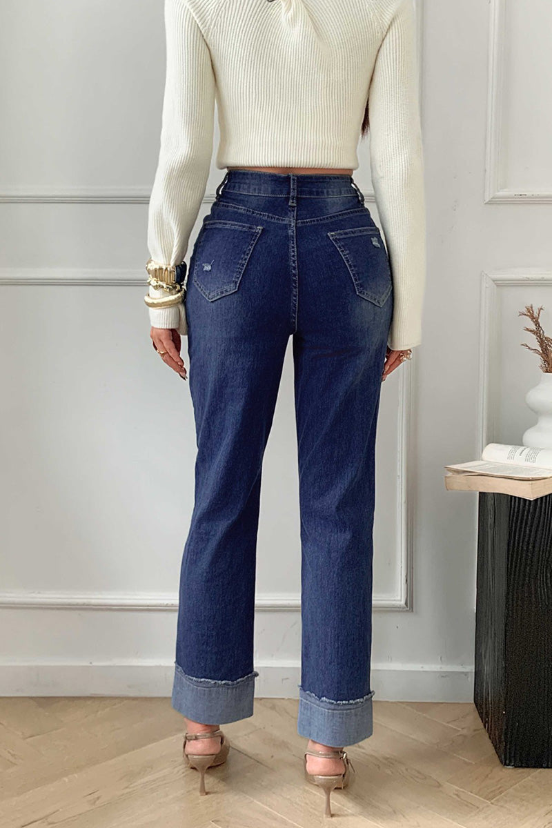 Women's Asymmetric Waistband Wash Straight Jeans