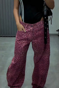 Women's Fashion Leopard Print Shiny Rhinestone Wide Leg Jeans