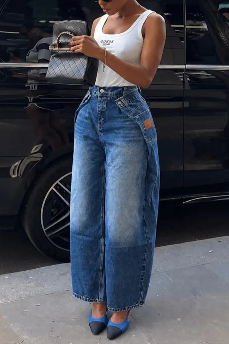 Women's Fashion Overlapping Silhouette Wide Leg Jeans