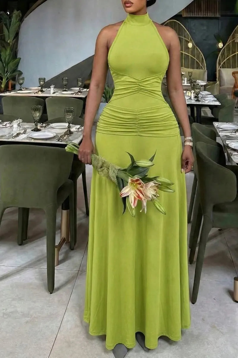Women's Urban Minimalist Pleated High Neck Long Dress