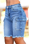 Women's Light Wash Distressed Ripped Gold Eyelet Mid Length Denim Shorts