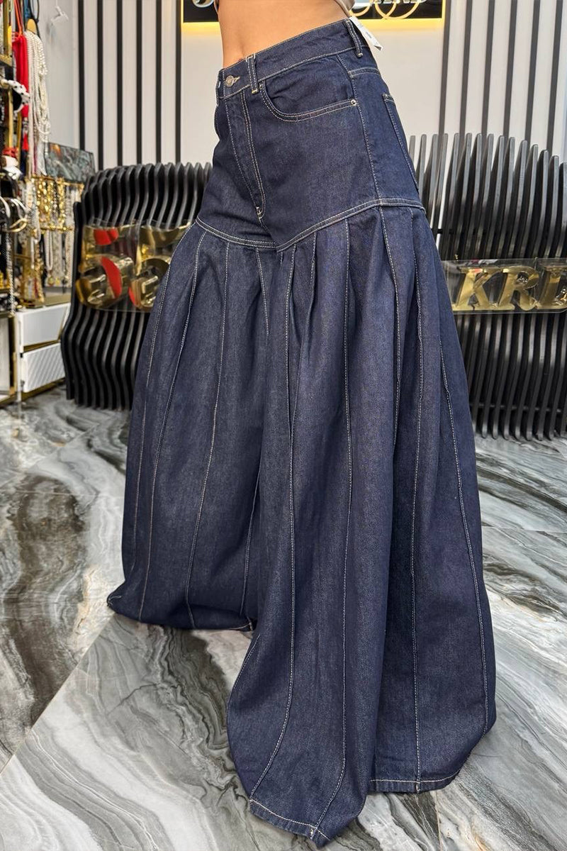 Women's Casual Pleated Loose Wide Leg Jeans