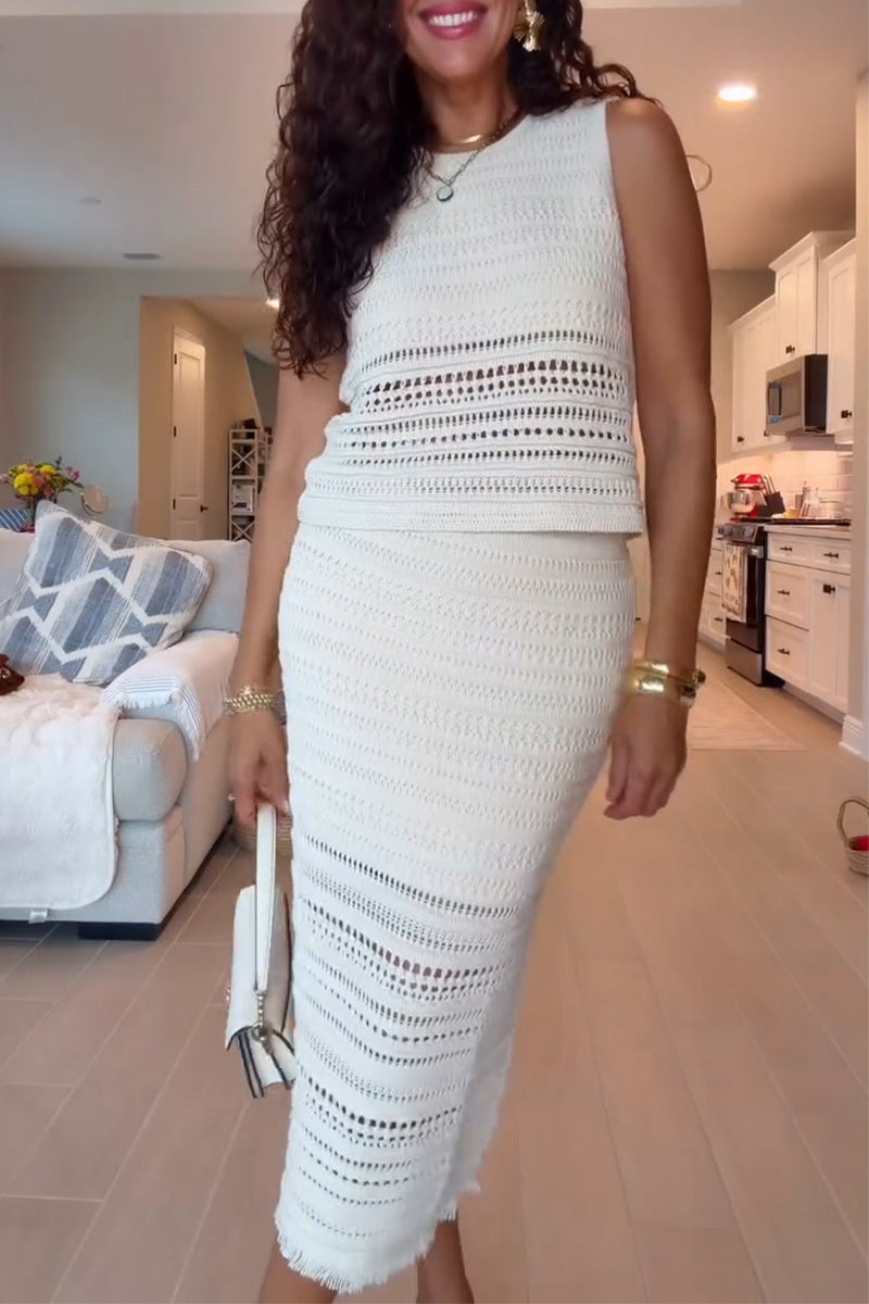 Women's Round Neck Sleeveless Hollow Top+ Half Skirt Elegant Casual Set