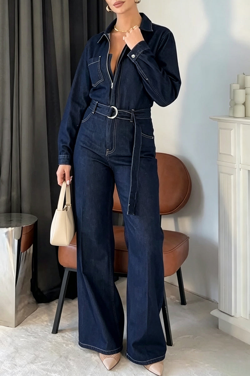 Women's Casual Versatile Long Sleeve Denim Jumpsuit with Belt