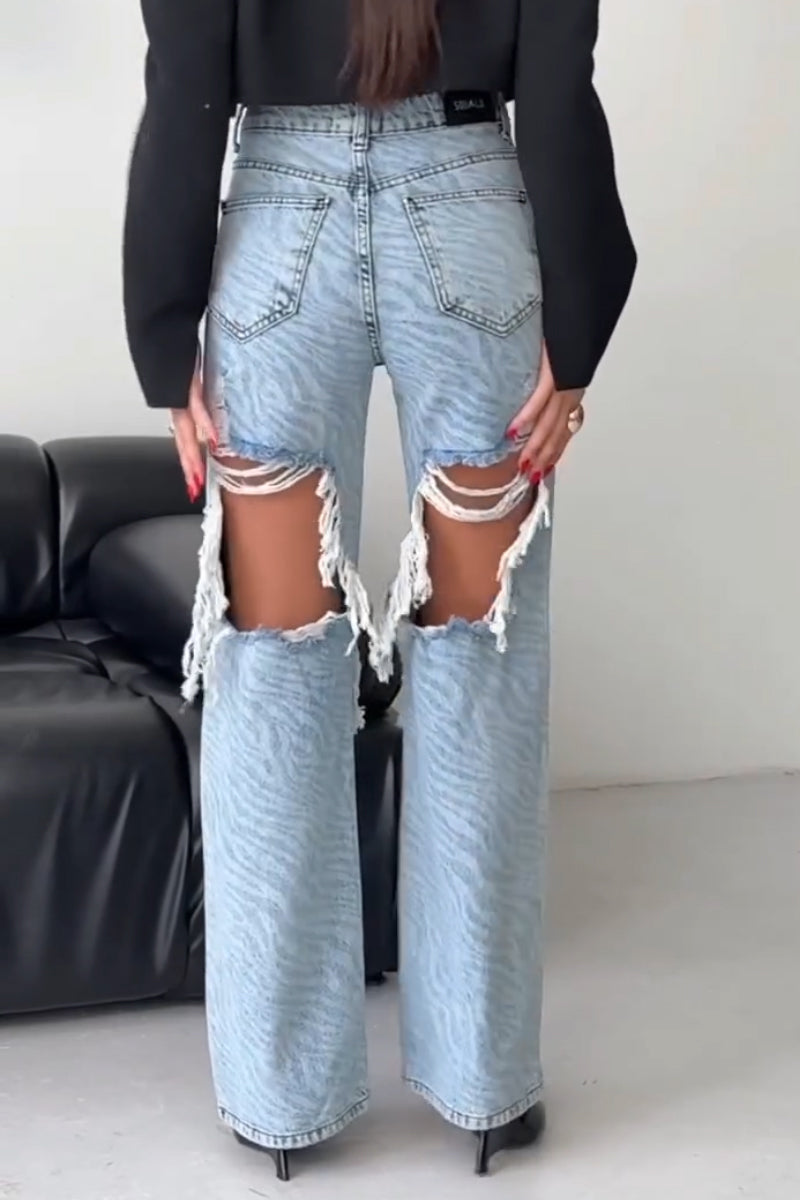 Women's Pattern Printed Ripped Casual Jeans