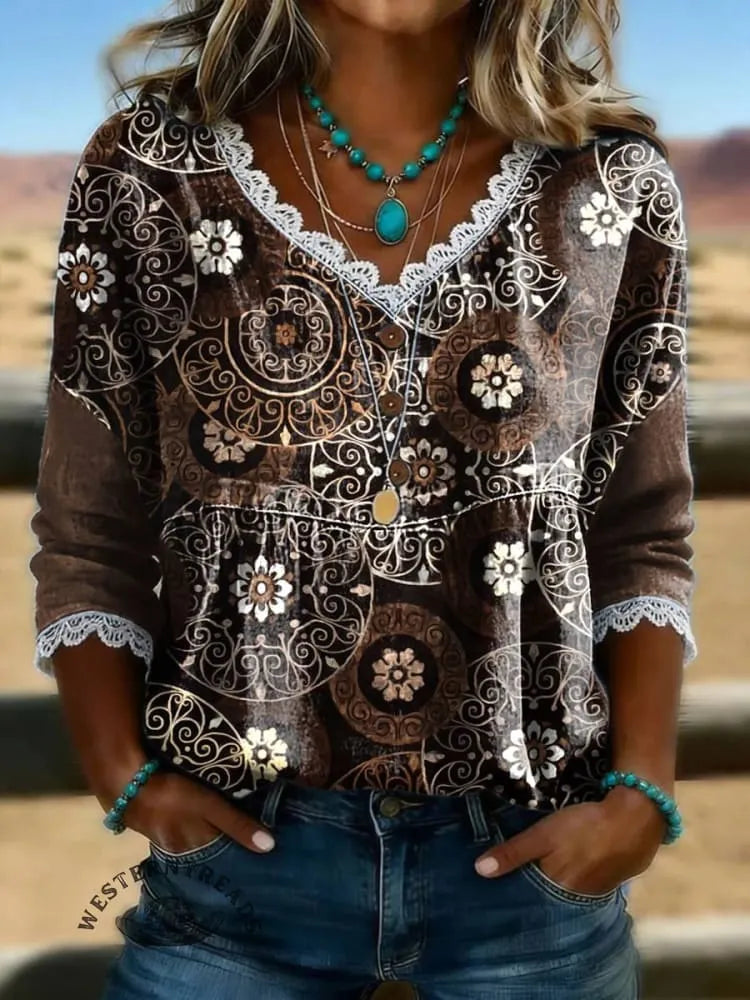Women's Print Casual Hollow-out Denim Shirt