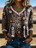 Women's Print Casual Hollow-out Denim Shirt
