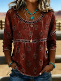 Retro Floral Art Print Casual Hollow Denim Shirt