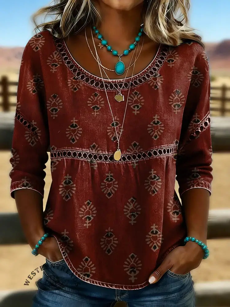 Retro Floral Art Print Casual Hollow Denim Shirt