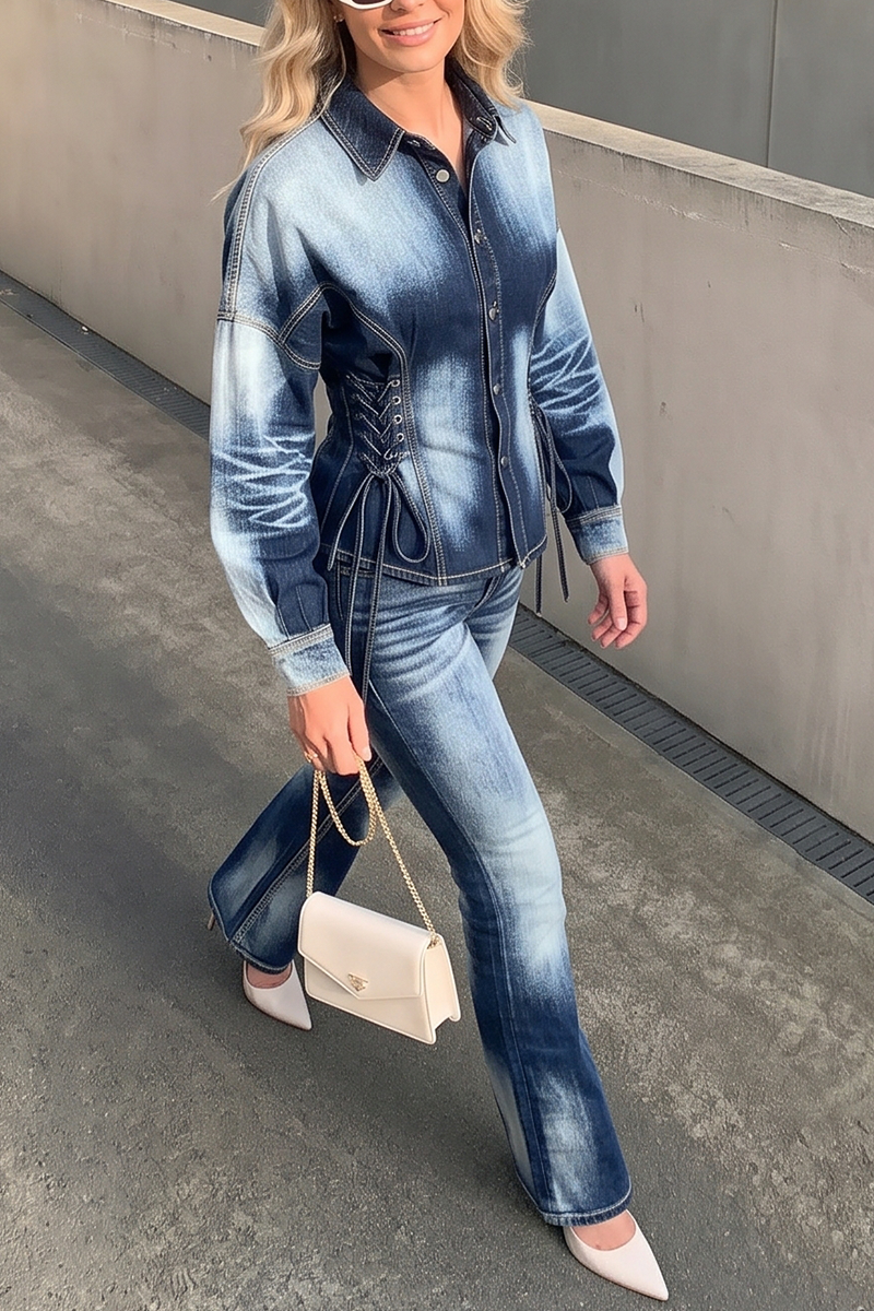 Women's Vintage Bleached Denim Matching Set Slimming Cinched Waist Button-Down Coat and Bootcut Pants