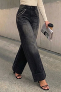 Women's Washed Black Wide Leg Jeans with Studded Pockets Front Seam Cuffed Denim Pants