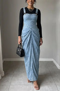 Women's Chic Adjustable Strap Ruched Front Light Blue Denim Maxi Overall Dress
