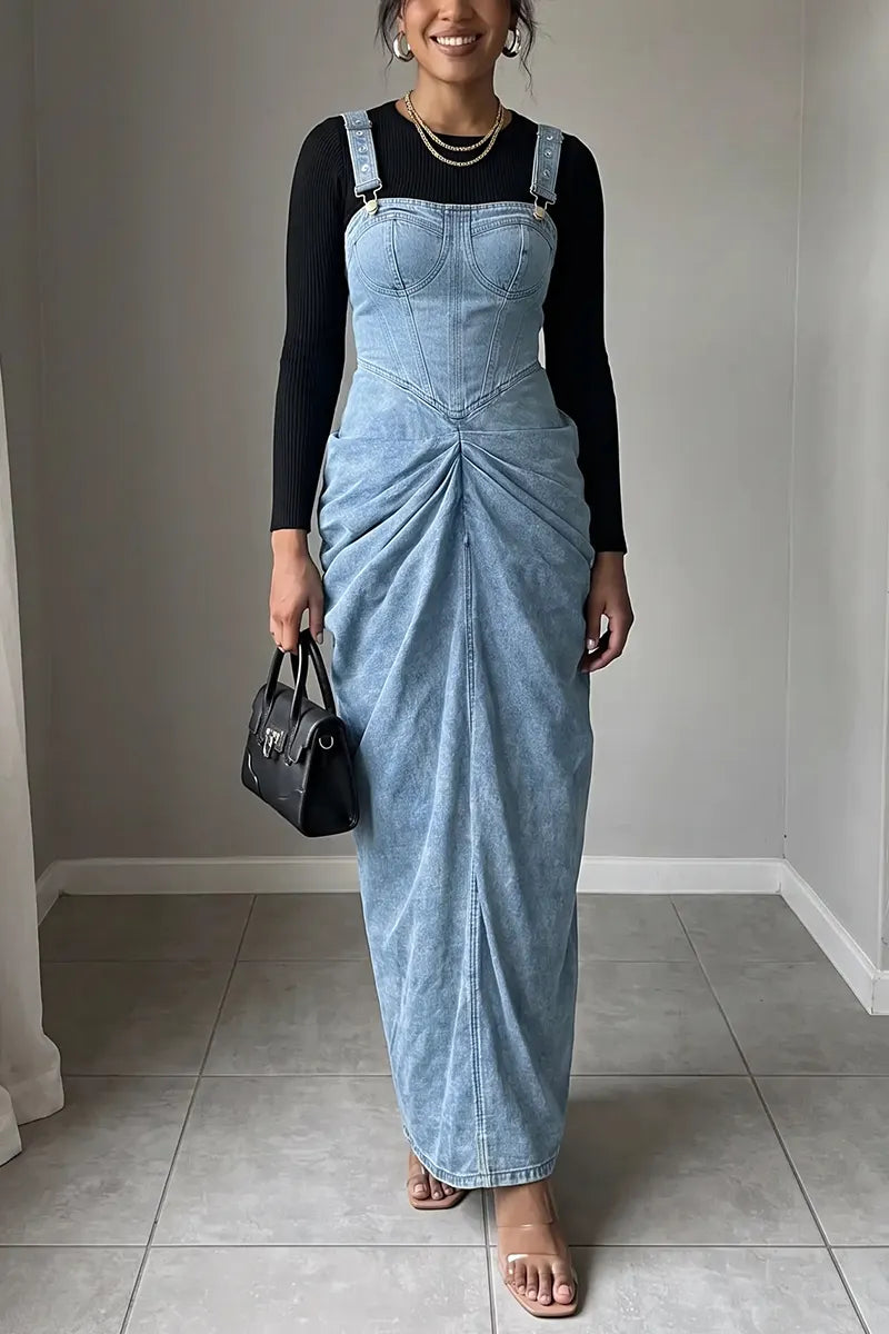 Women's Chic Adjustable Strap Ruched Front Light Blue Denim Maxi Overall Dress