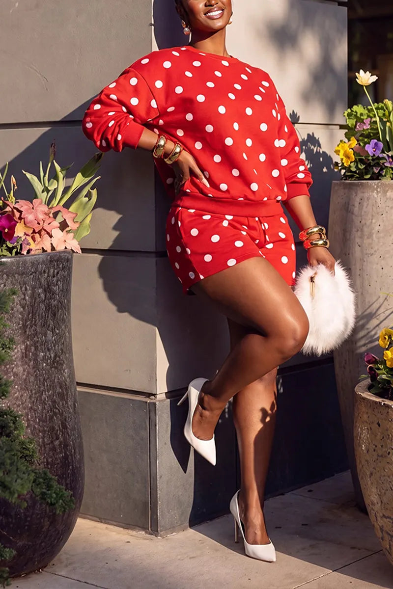Women's Casual Crew Neck Long Sleeve Top Short Polka Dot Two-Piece Set