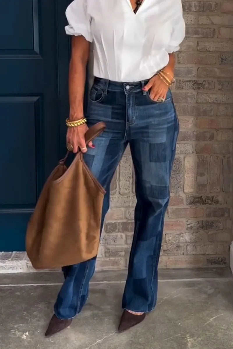 Women's High Waisted Square Patchwork Printed Casual Jeans