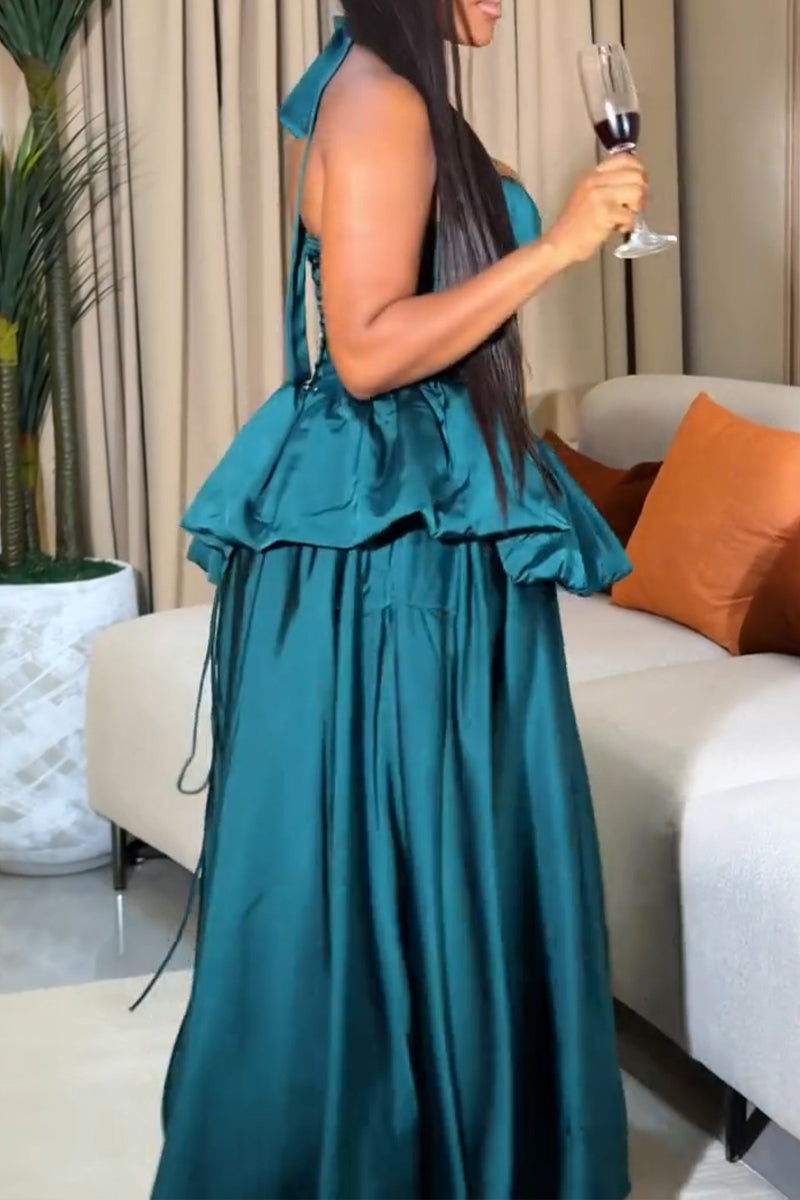 Women's Elegant Balloon Tiered Hem Tie Waist Cinching Maxi Dress
