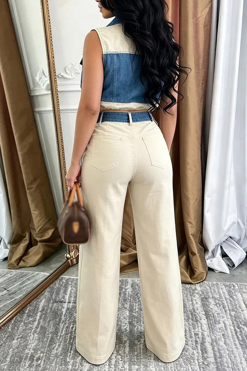 Women's Collar Patchwork Denim Top or Casual Wide Leg Pants
