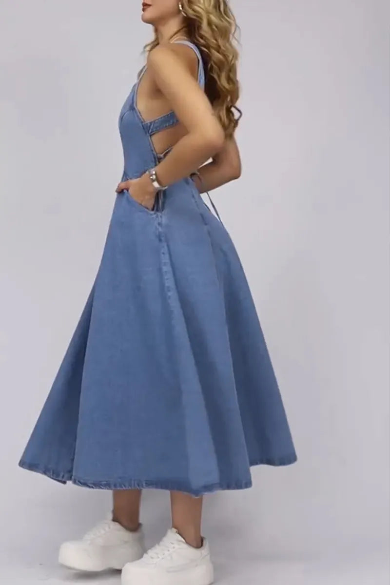 Women's Casual Zipper Slit Hem Open Back Cami Denim Dress