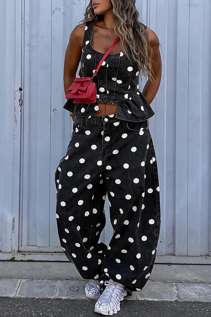 Women's Casual Polka Dot Flounce Hem Denim Vest or Wide Leg Jeans