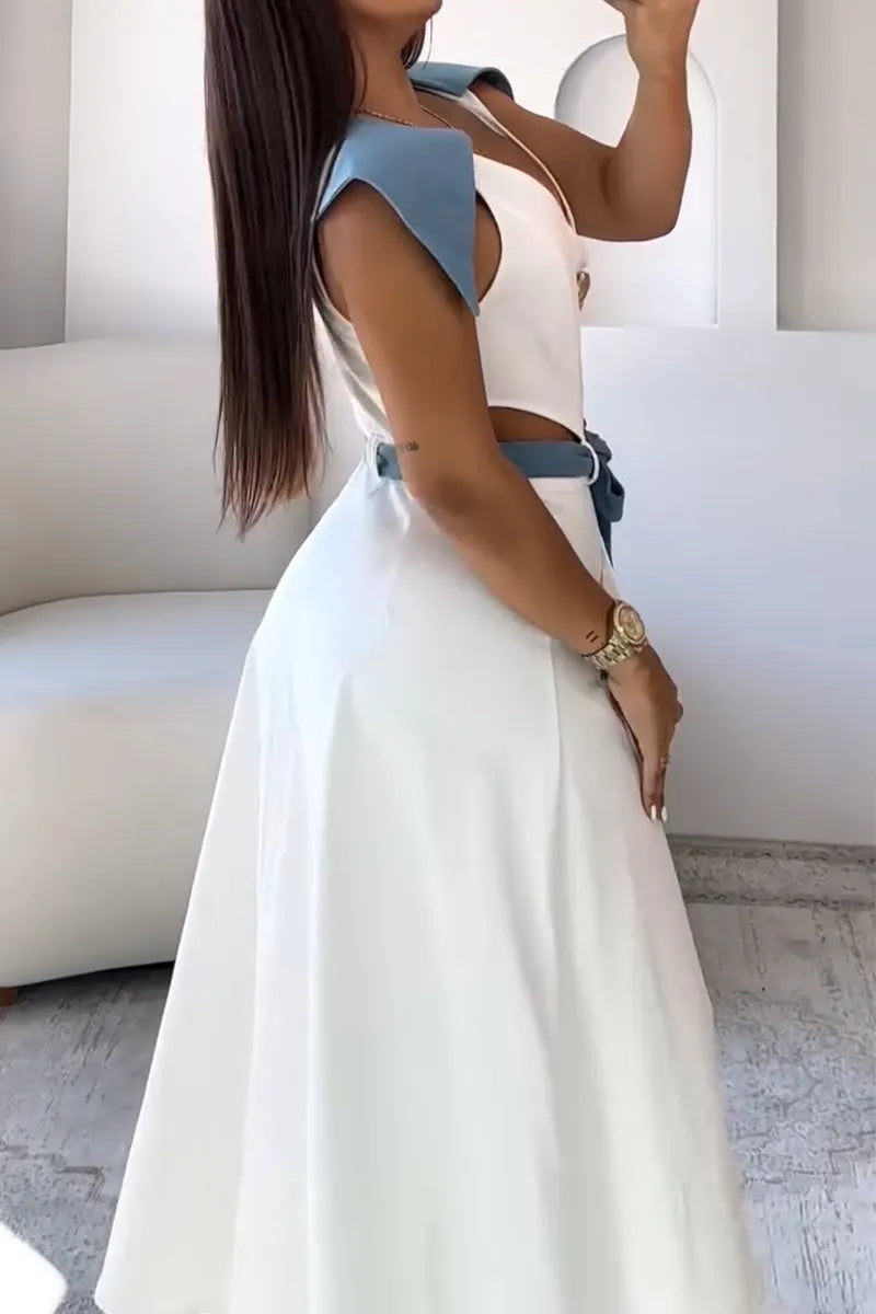 Women's Denim Collar with Hollowed Out Patchwork Elegant Temperament Dress