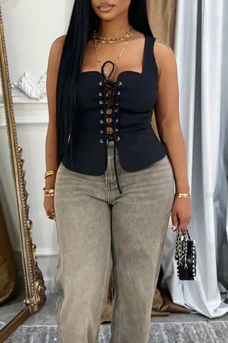 Women Square Neckline Interspersed with Drawstring Sexy Casual Top