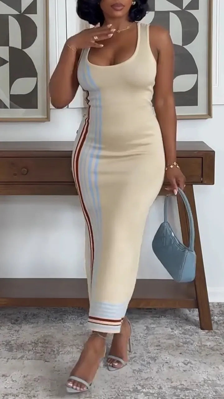 Women U-neck Sleeveless Slim Fit Colorful Vertical Stripe Side Buckle Slit Elegant Casual Maxi Dress