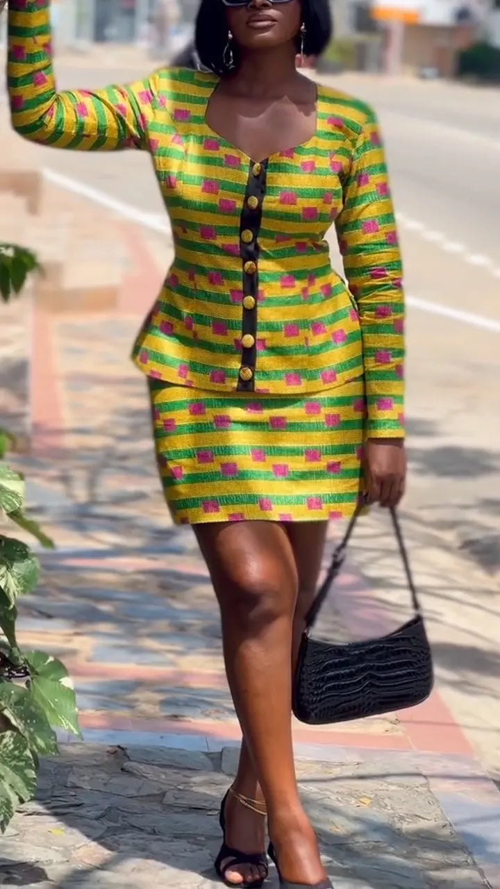 Women Square Neck Button Printed Jacket + Half Skirt Casual Set with Temperament