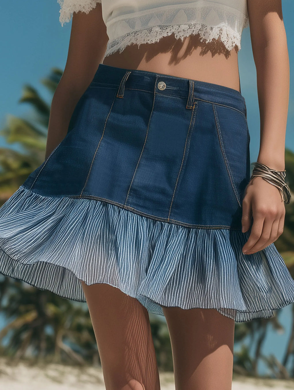 Resort-Style Gradient Chiffon Hem Dark Blue Denim Mini Skirt