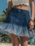 Resort-Style Gradient Chiffon Hem Dark Blue Denim Mini Skirt