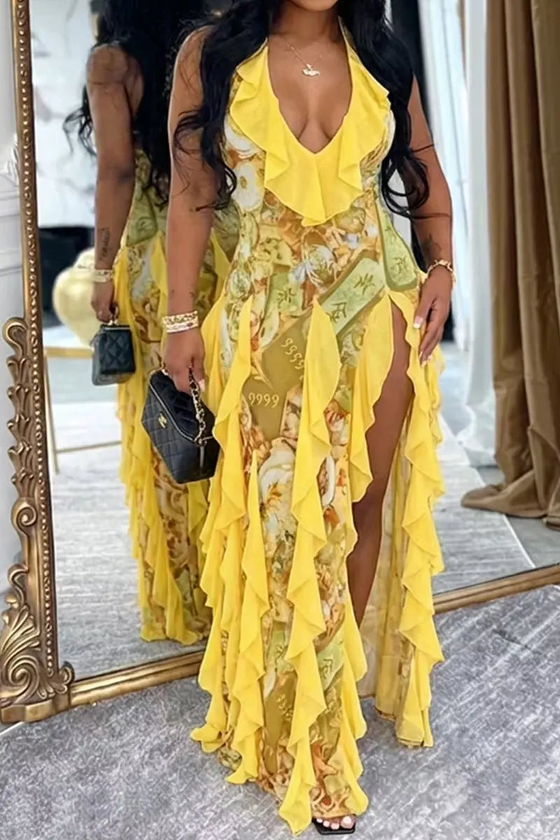 Women's Backless Printed Long Party Dress