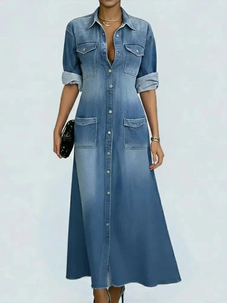Women's Lapel Long-sleeved Button Casual Loose Denim Shirt Dress