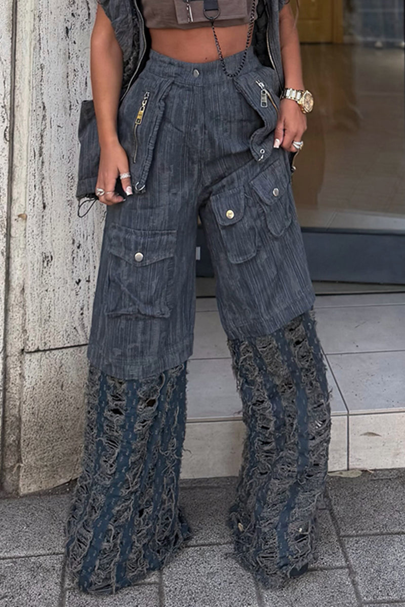 Women's Fashion Pocket Denim Ripped Patchwork Cargo Pants