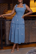 Women's Elegant Embroidered Panel Hem Denim Midi Dress