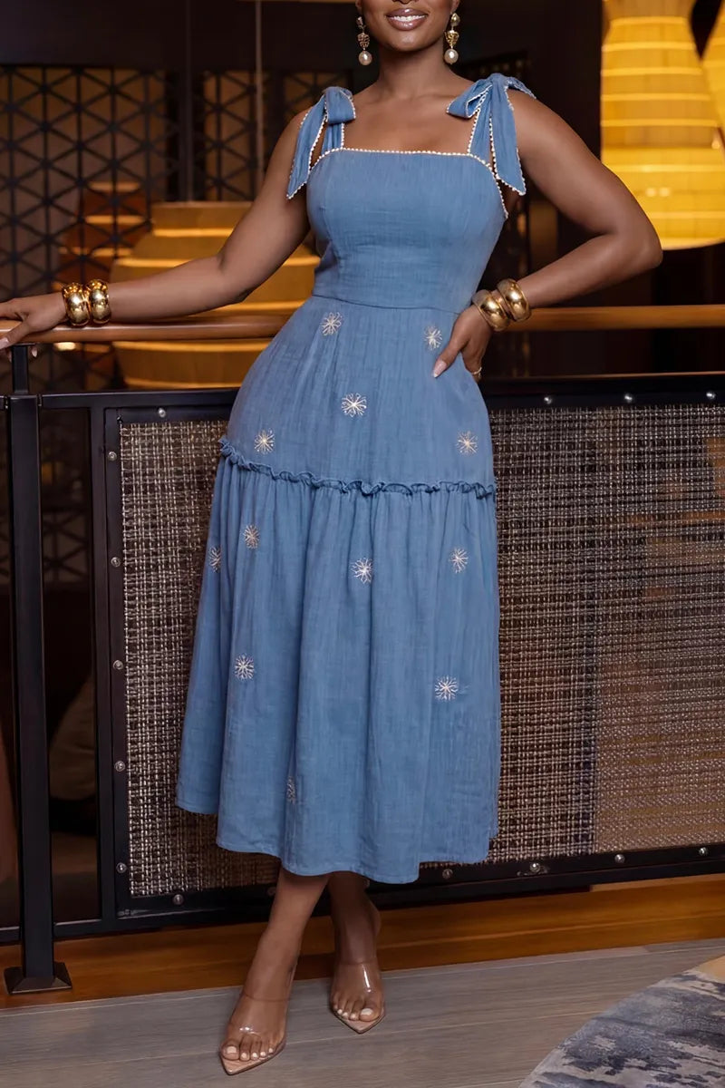 Women's Elegant Embroidered Panel Hem Denim Midi Dress