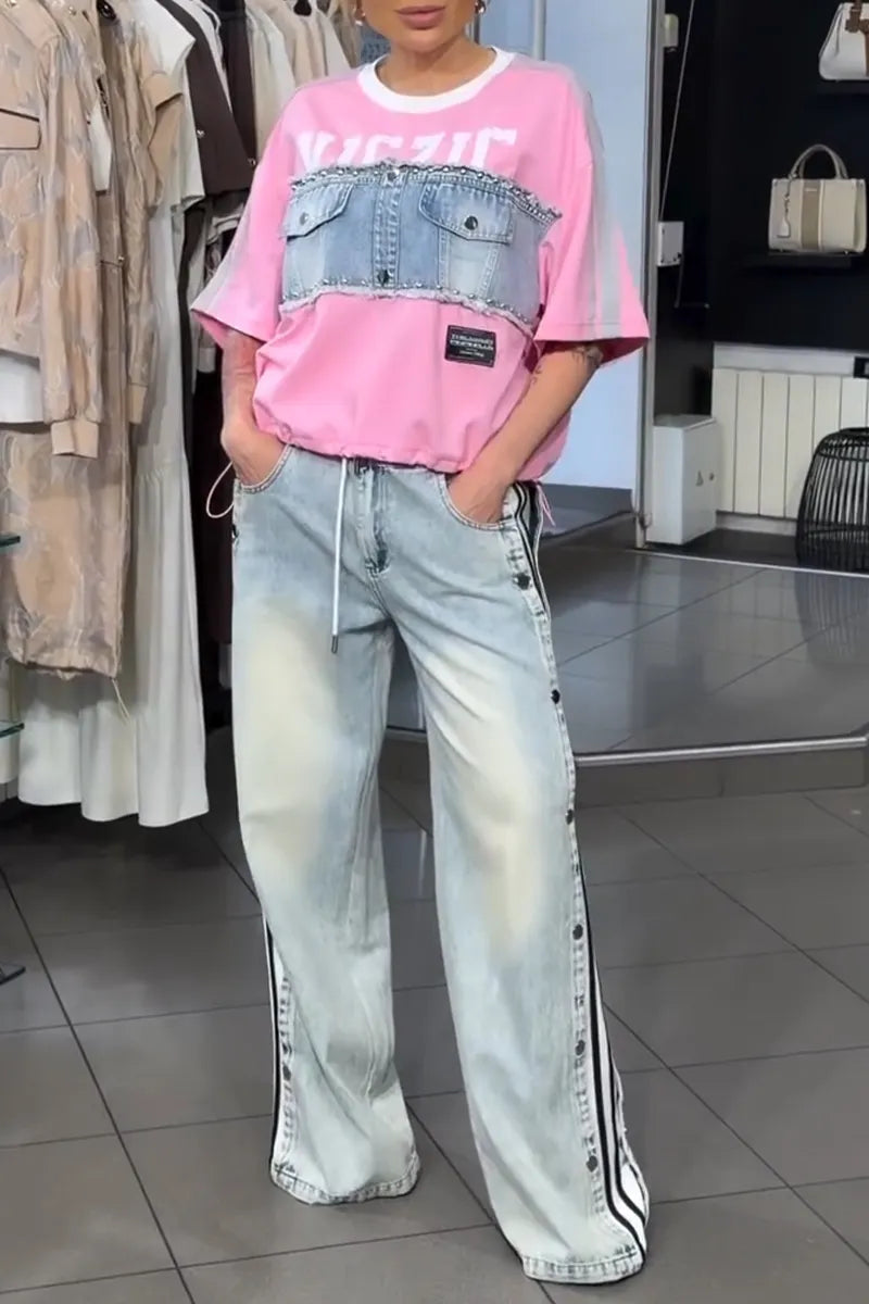 Women Round Neck Spliced Denim Top or Washed Denim Jeans