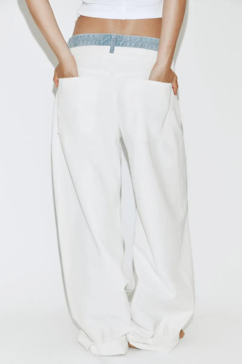 Women's Casual Color Blocked Wide Leg Jeans With Pockets
