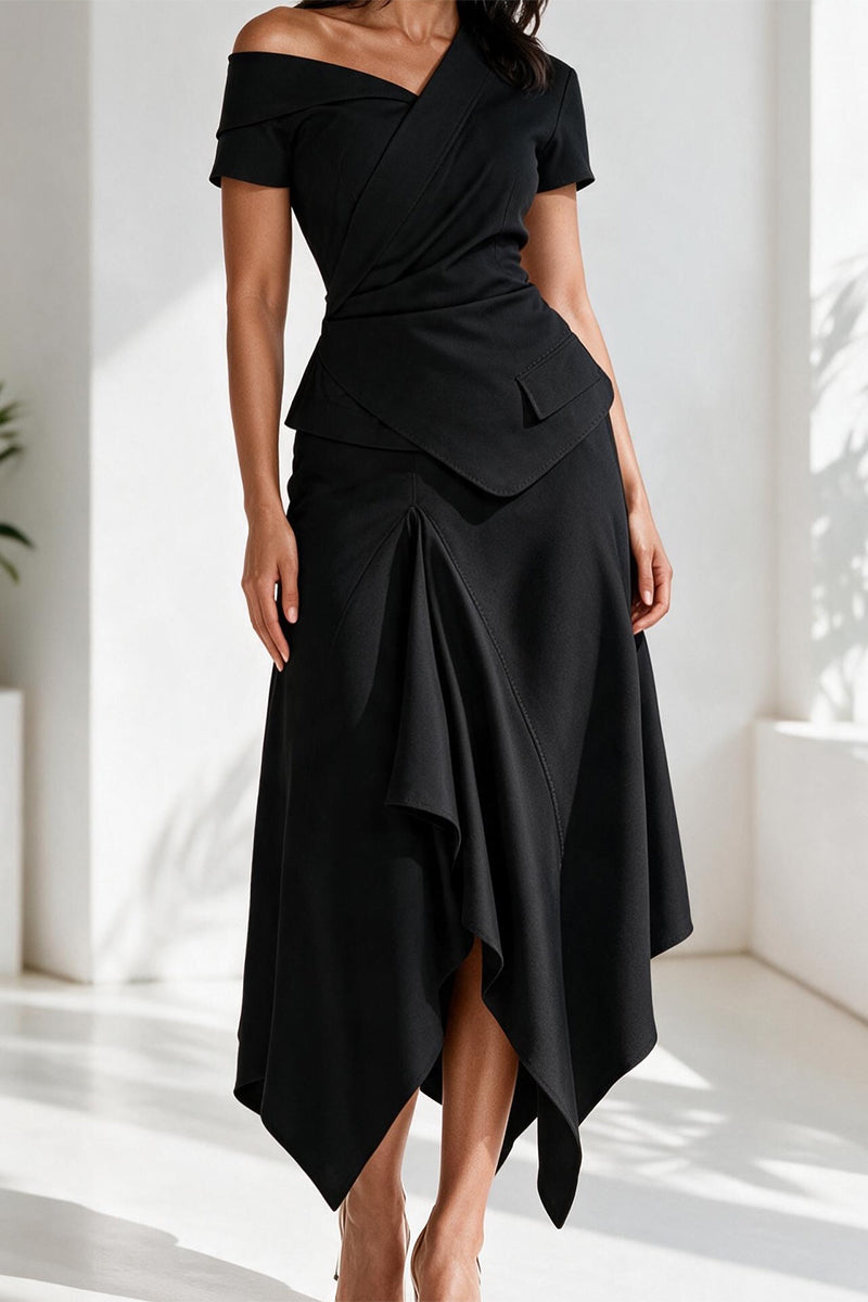 Women's Elegant Commuter Lapel Top Asymmetric Hem Skirt Two-Piece Set
