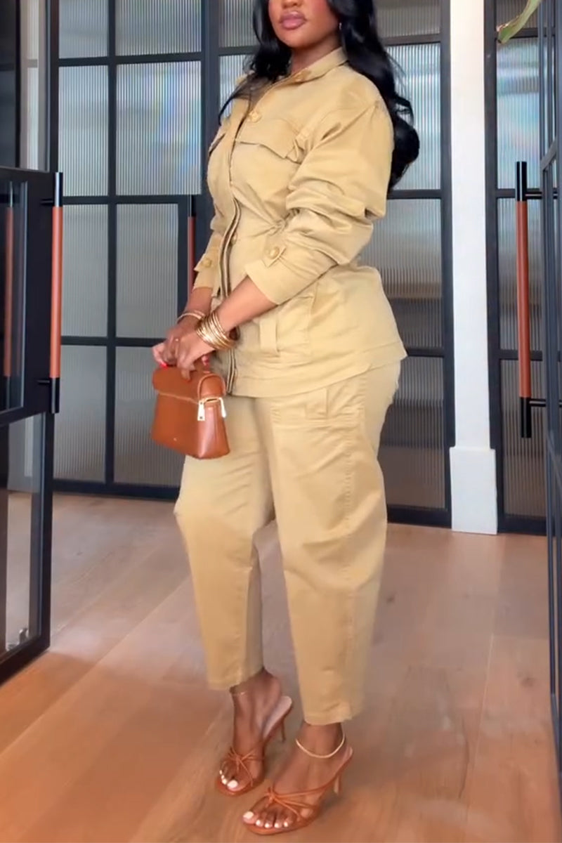 Women's Collar and Waist Cinched Casual Jacket Or Pants