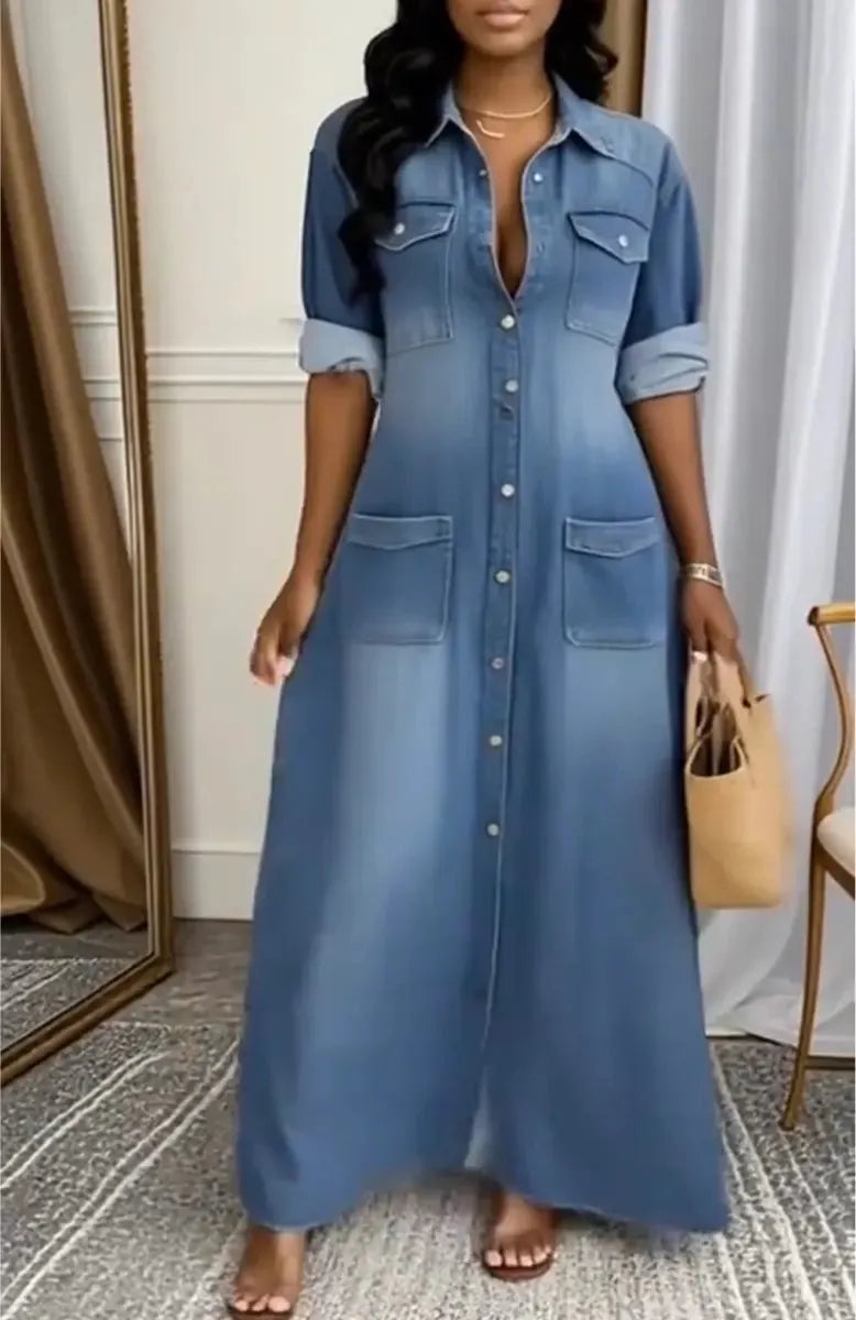Women's Lapel Long-sleeved Button Casual Loose Denim Shirt Dress