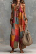 Women's Plaid-print Casual Loose Halter-neck Cotton-linen Wide-leg Jumpsuit