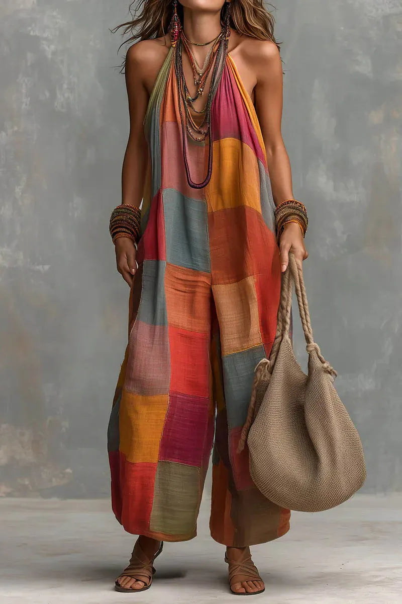 Women's Plaid-print Casual Loose Halter-neck Cotton-linen Wide-leg Jumpsuit