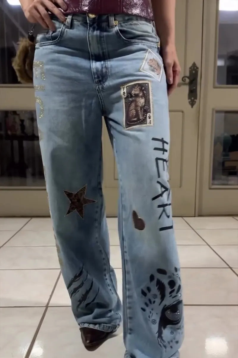 Women's Casual Pattern Print Rhinestone Trim Jeans