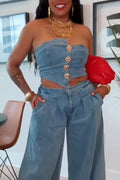 Women's Casual Button Trim Asymmetric Denim Bustier or Jeans