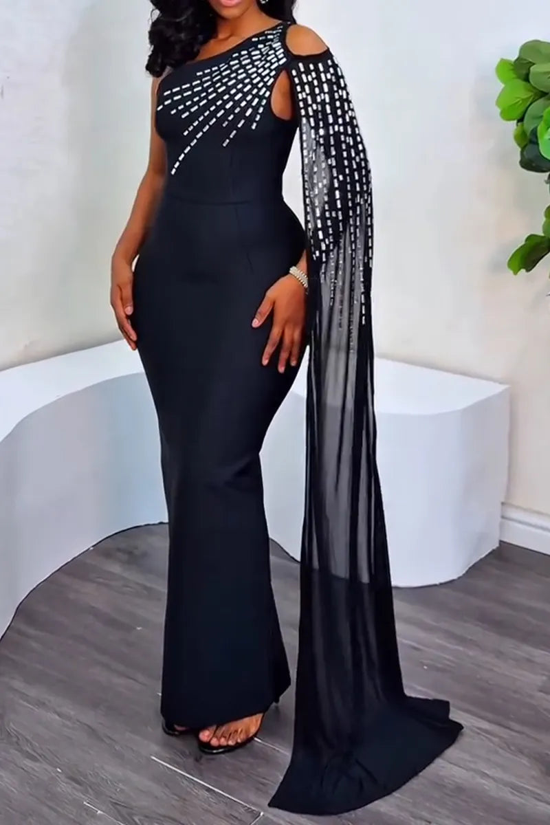 Women's Elegant Rhinestone One Sleeve Trim Maxi Dress