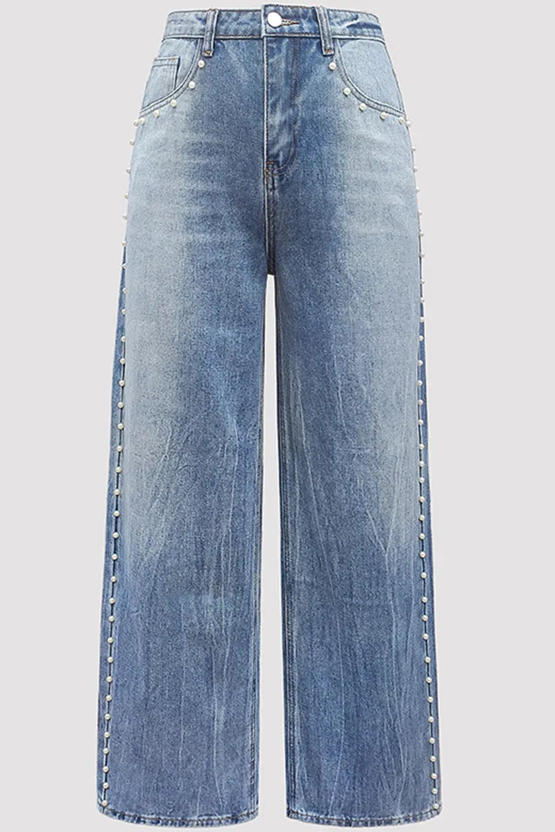 Ladies Heavyweight Side White Pearl Trim Tie-Dye Jeans